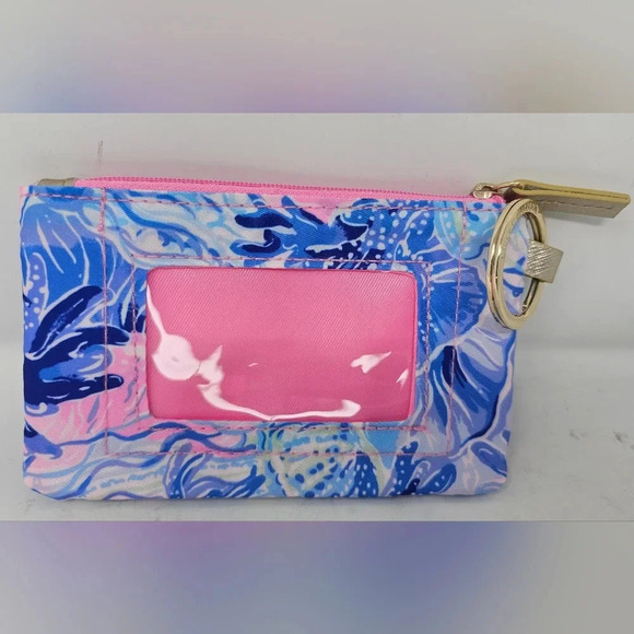 Lilly Pulitzer Blue & Pink Zip ID Wallet Coin Purse Keychain Pouch Accessory - Picture 2 of 8